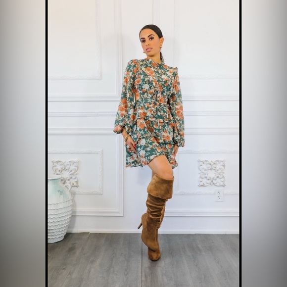 Floral Green and Orange Women's Dress - Picture 3 of 6